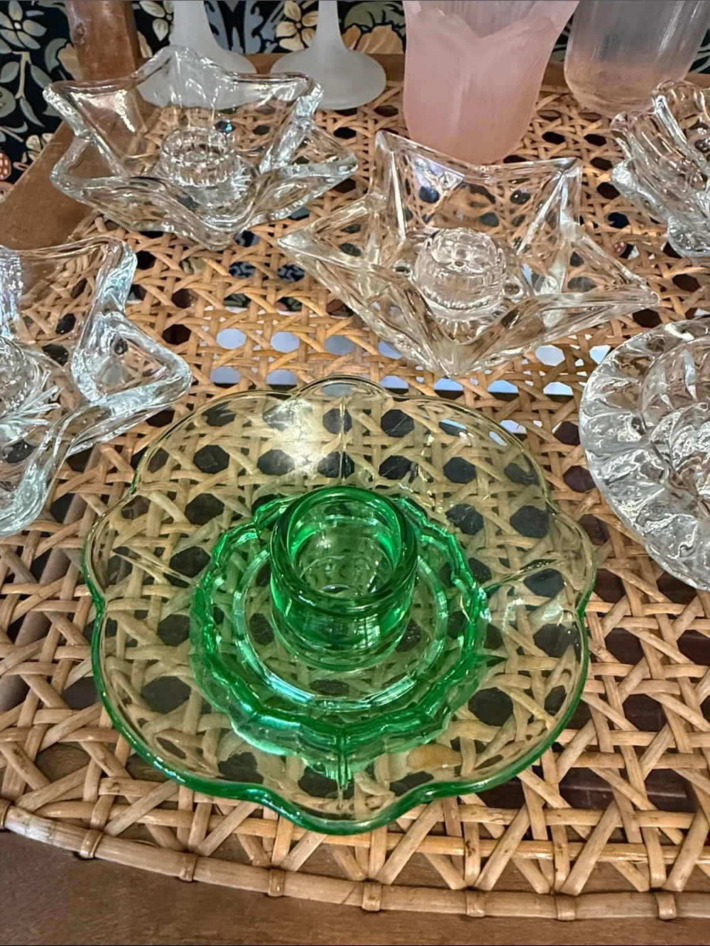 Vignette of 11 Vintage Candle Holders, Fostoria, Party Lite, KIG, Hazel Atlas